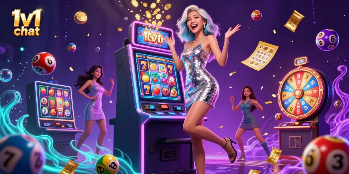 Engage in thrilling 1v1 chat at an exciting jackpot scene with vibrant casino elements.