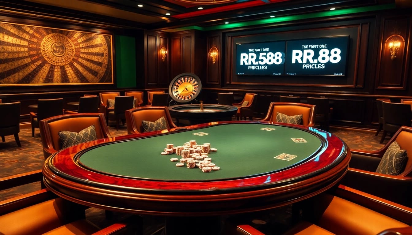 Engaging scene of high-stakes gambling with RR88 logo at a luxury poker table.