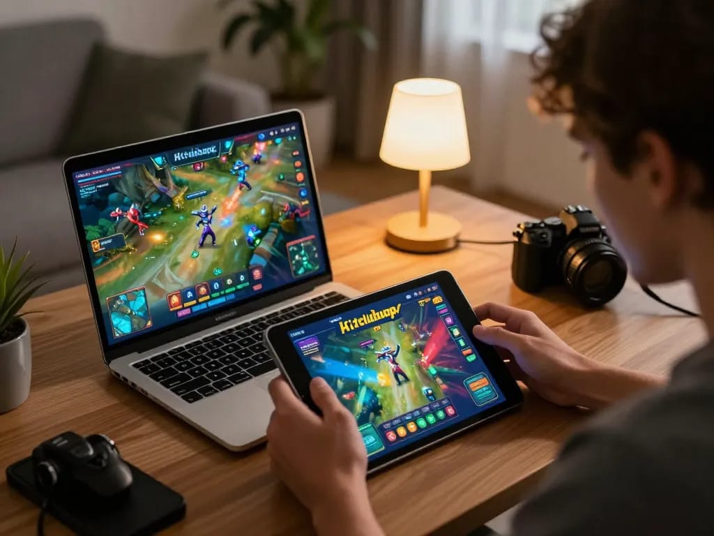 Engaging player immersed in hitclubapk mobile gaming with vibrant interface on tablet.