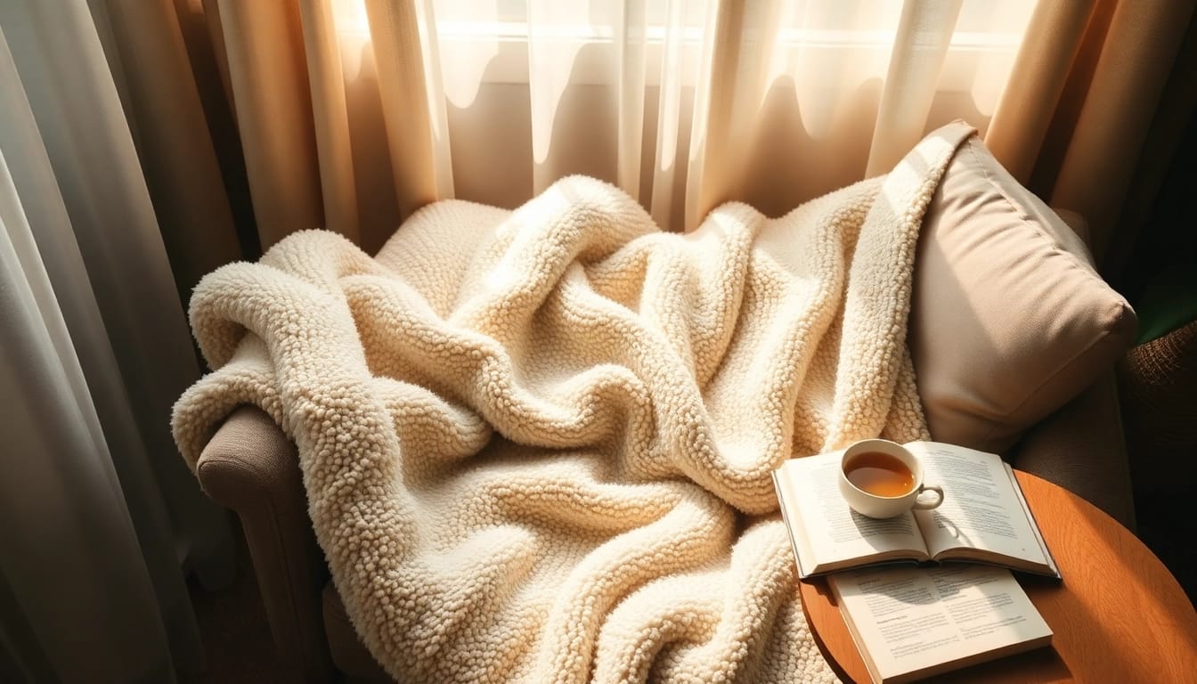 Fleece dekens op een comfortabele stoel met een kopje thee en natuurlijk licht.