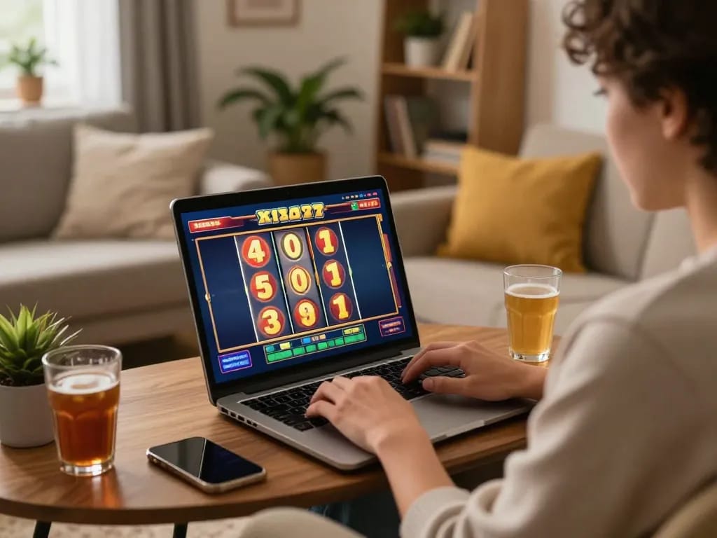 Engaged player at home spinning the reels on gtatoto slot game, showcasing exciting online gambling experience.