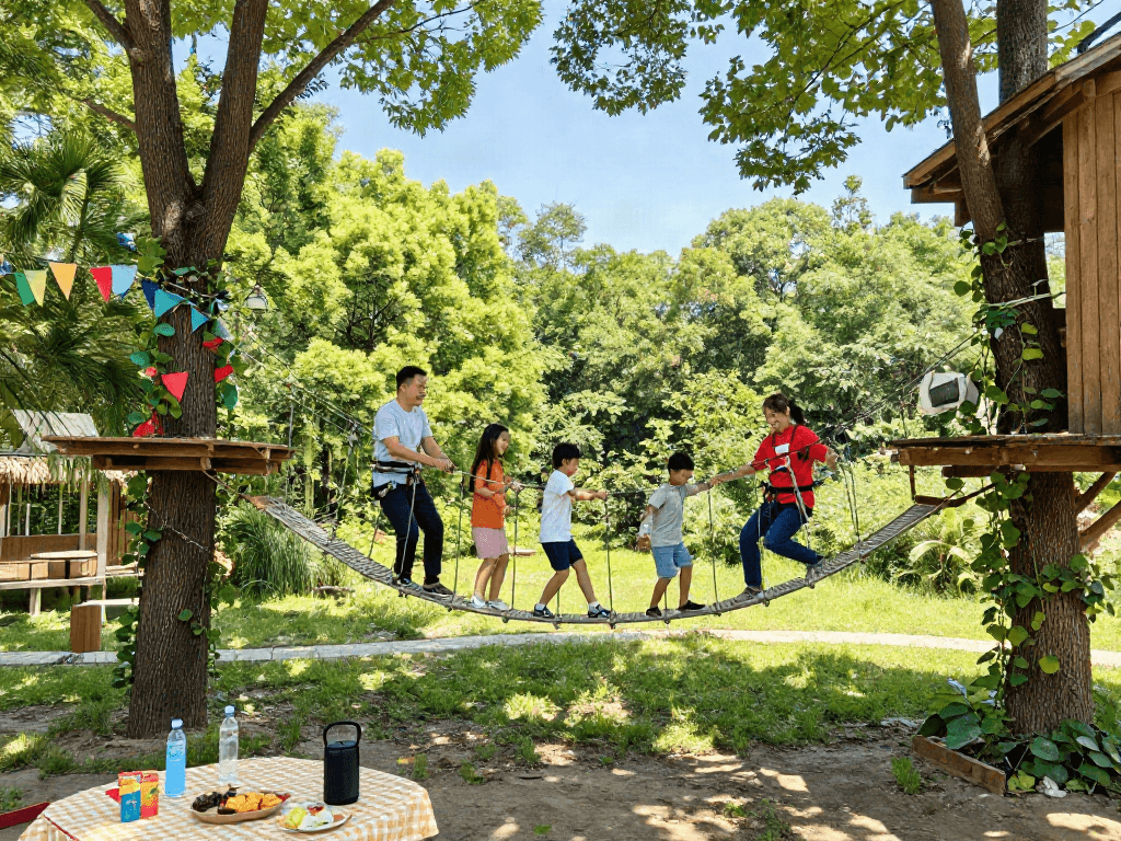 Family playing on a rope bridge in a sunny backyard treehouse setting.