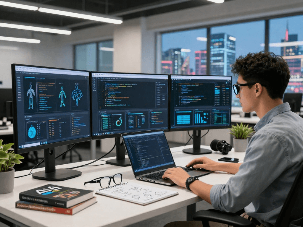 Data scientist utilizing AI technology in a modern workspace, crush on ai analysis with multiple screens.
