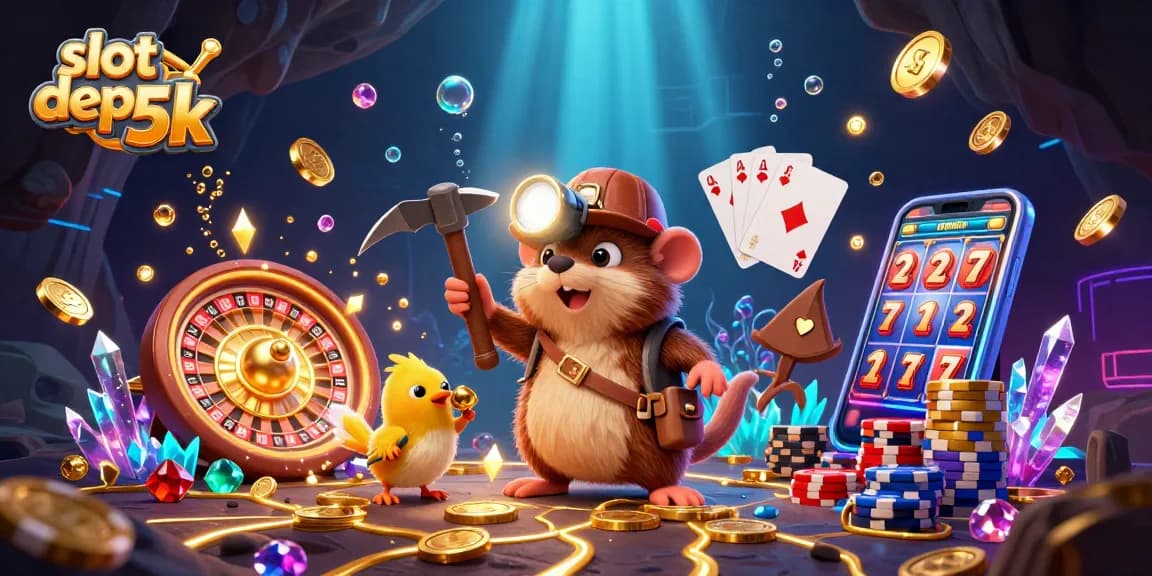 Experience thrilling wins with slot depo 5k as treasure hunter mole and friends mine for riches in an exciting casino scene.