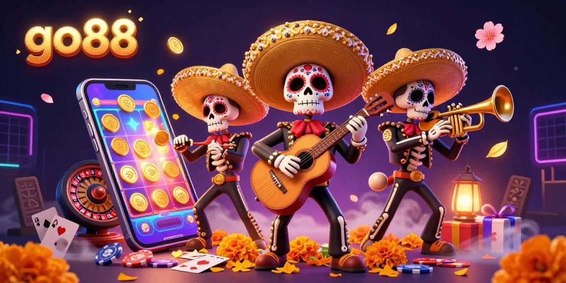 Experience the thrill of go 88 with a vibrant 3D mariachi band amid dynamic slot game visuals.