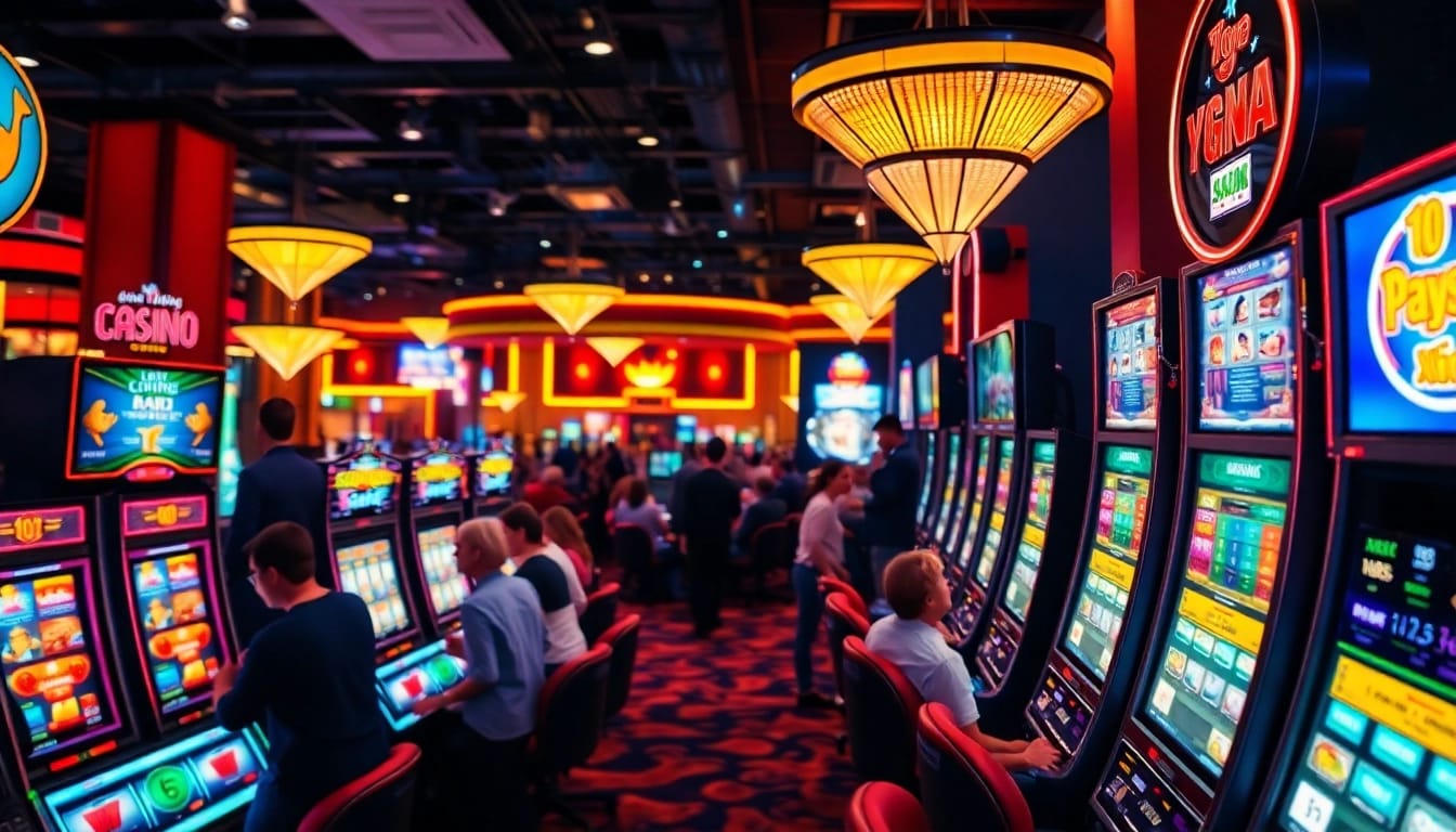 pakde4d menampilkan suasana kasino yang cerah dengan mesin slot berwarna-warni yang menarik.