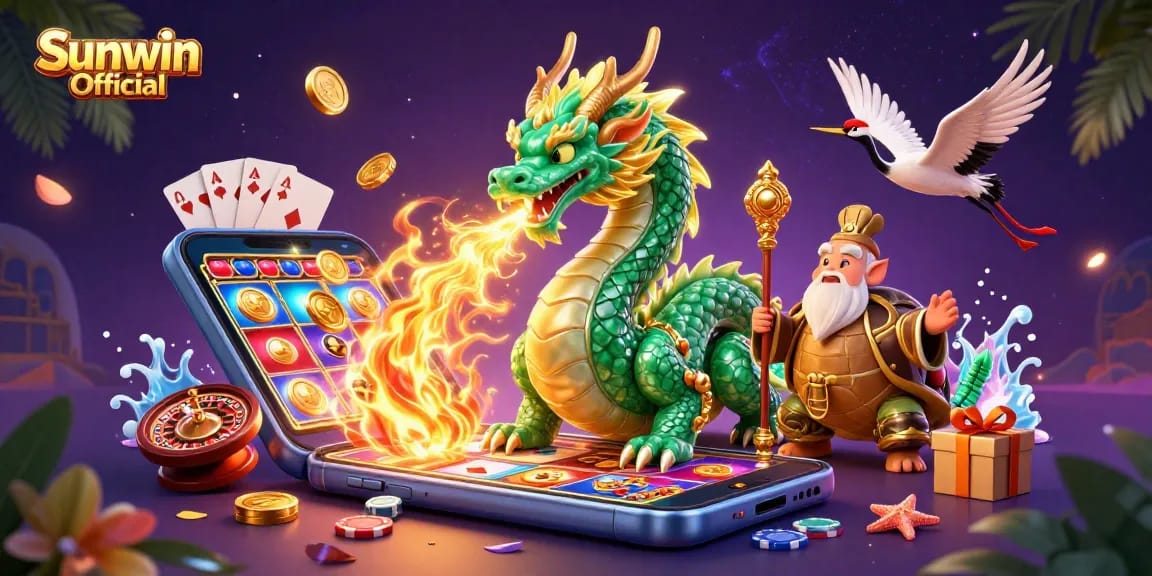 Engage with exciting games at Sunwin Official featuring a dynamic 3D illustration of lucky symbols and epic characters.