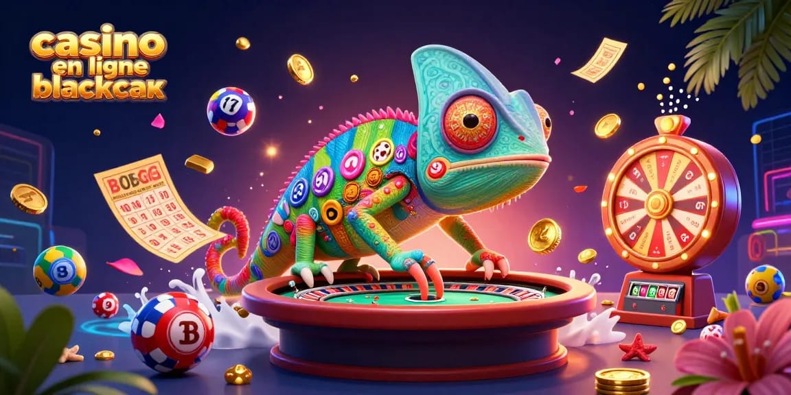 Le jeu casino en ligne blackjack avec un caméléon comme propriétaire observant les tables de jeu et attrapant des pièces d'or.