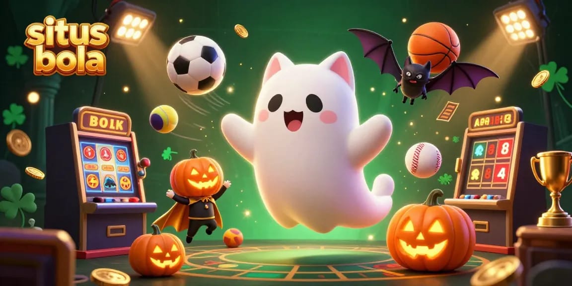 situs judi bola showcases a lively scene in a haunted casino with a friendly ghost cat and dynamic sports elements.