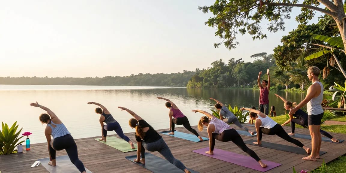 Yoga retreat Sri Lanka participants practicing Synergy Vinyasa yoga by Koggala Lake, surrounded by nature.