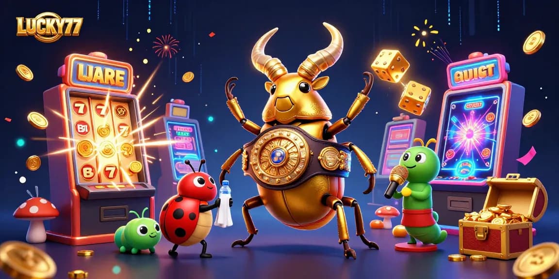 Experience the excitement of LUCKY77 with a vibrant casino-themed scene featuring dynamic characters and elements.