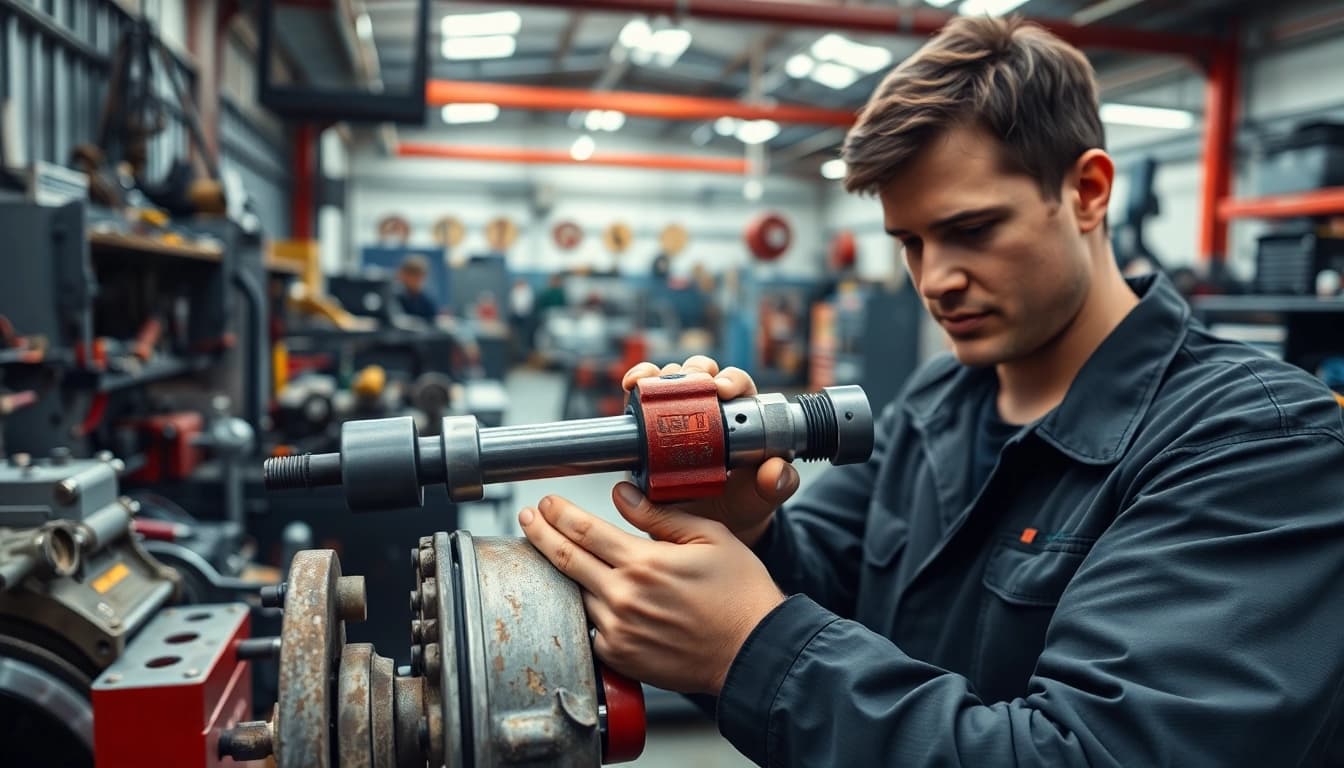 Highlighting hydraulic repair services with a mechanic inspecting hydraulic equipment in a professional workshop.