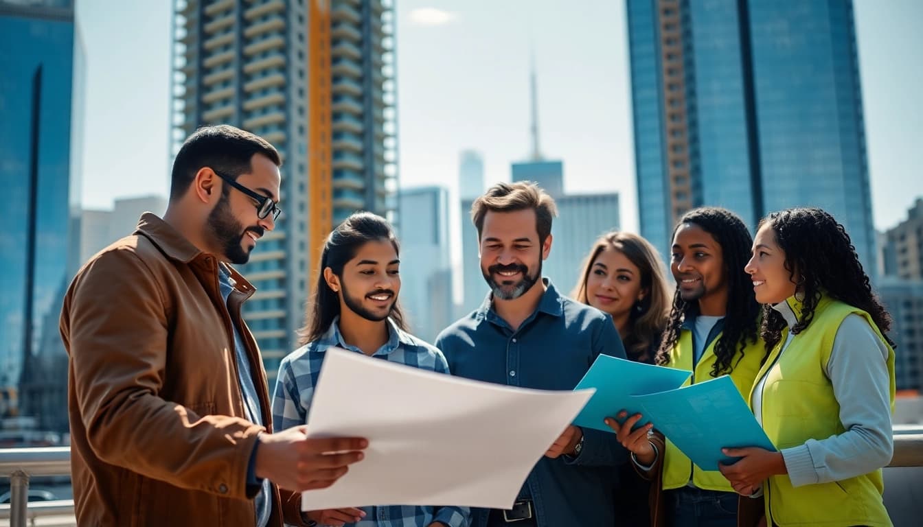 Manhattan Construction Manager engages with project team members in urban building site.