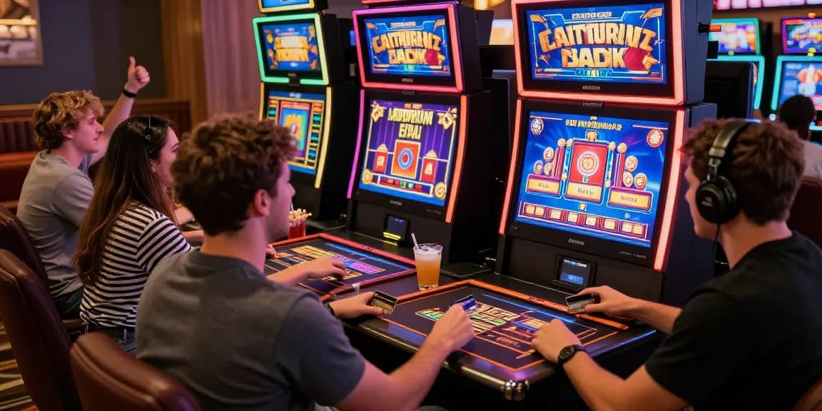 Players enjoying games at credit card casinos with vibrant slot machines and social atmosphere.