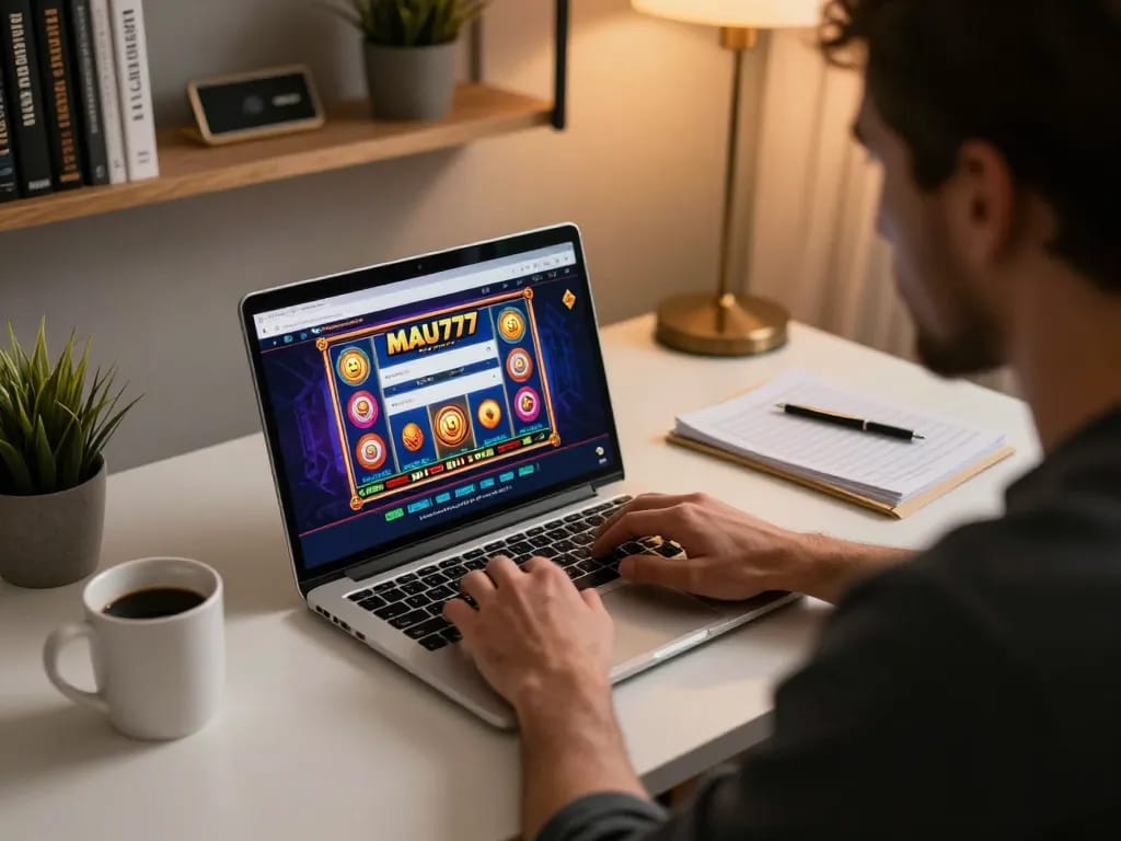 Engaging in MAU777 login for online gaming from a cozy home office with strategy notes and laptop.