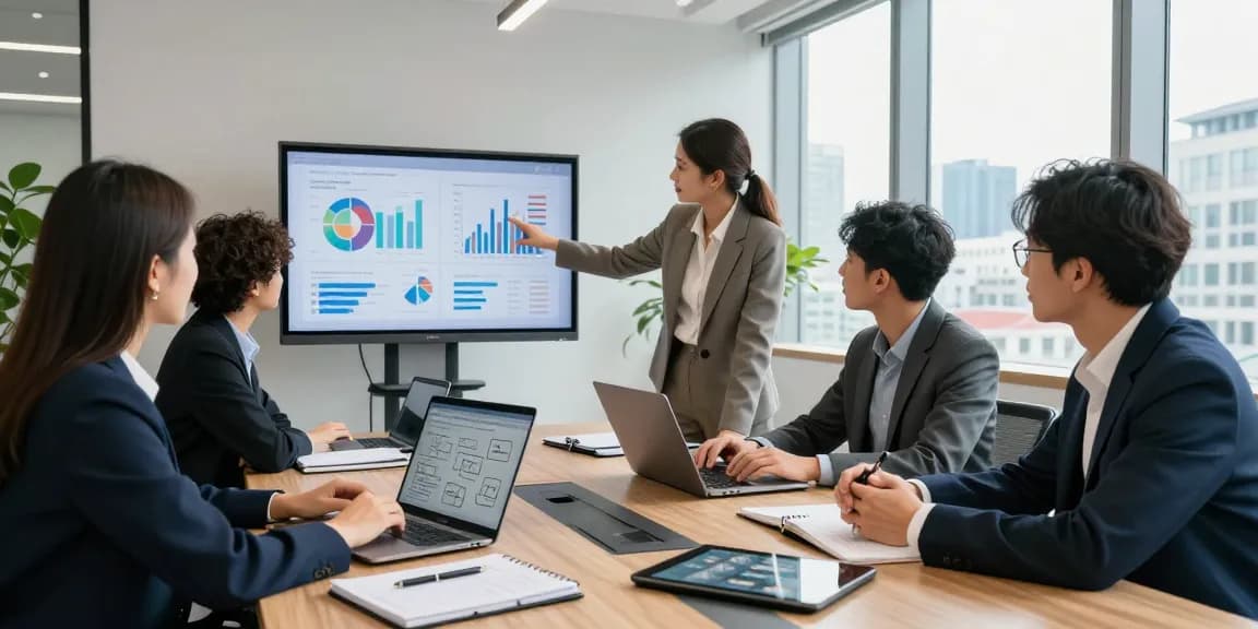 A diverse team collaborating in a modern office, showcasing https://factors.org.uk through digital presentations and vibrant city views.