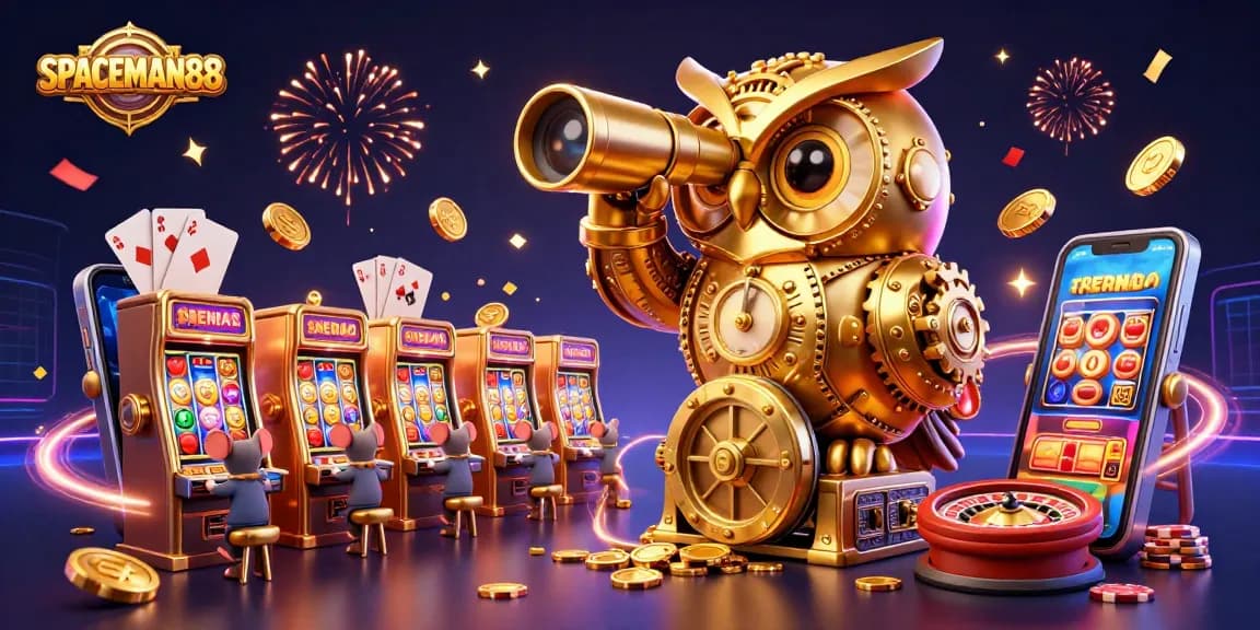 Experience SPACEMAN88 thrills as a massive clockwork owl oversees a vibrant casino floor.