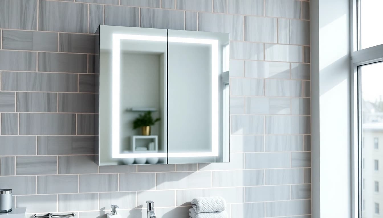 Stylish mirrored bathroom cabinet with light enhancing a modern bathroom's elegance.