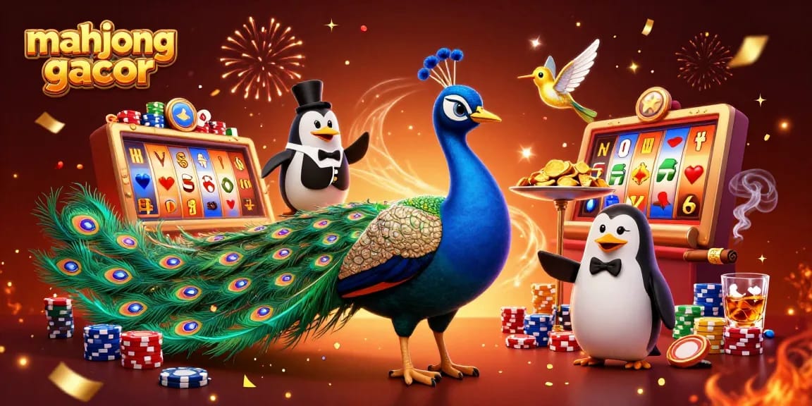 Engage in mahjong gacor excitement with a vibrant casino scene of colorful characters and slot machines.