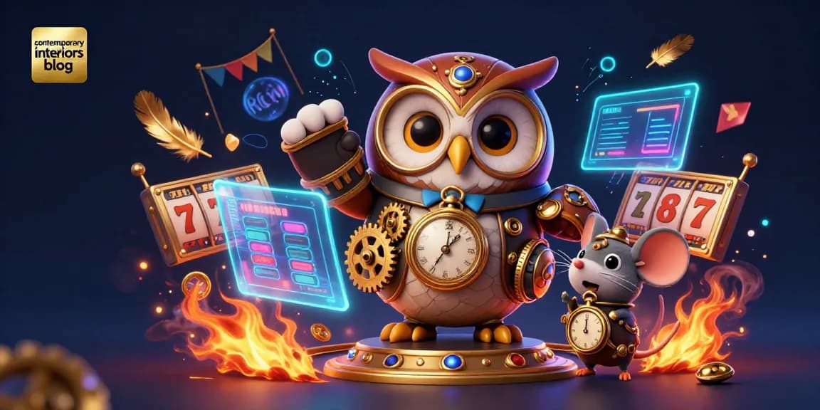 A vibrant scene depicting characters from contemporary interiors blog enjoying casino elements like lucky 7s and slot reels, showcasing excitement and energy.