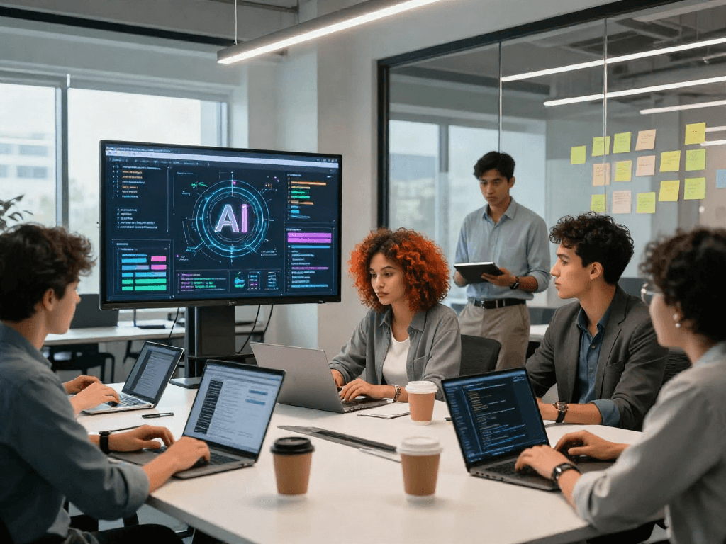 Collaboration in a modern AI workspace demonstrating innovative techniques in 18+ ai development.
