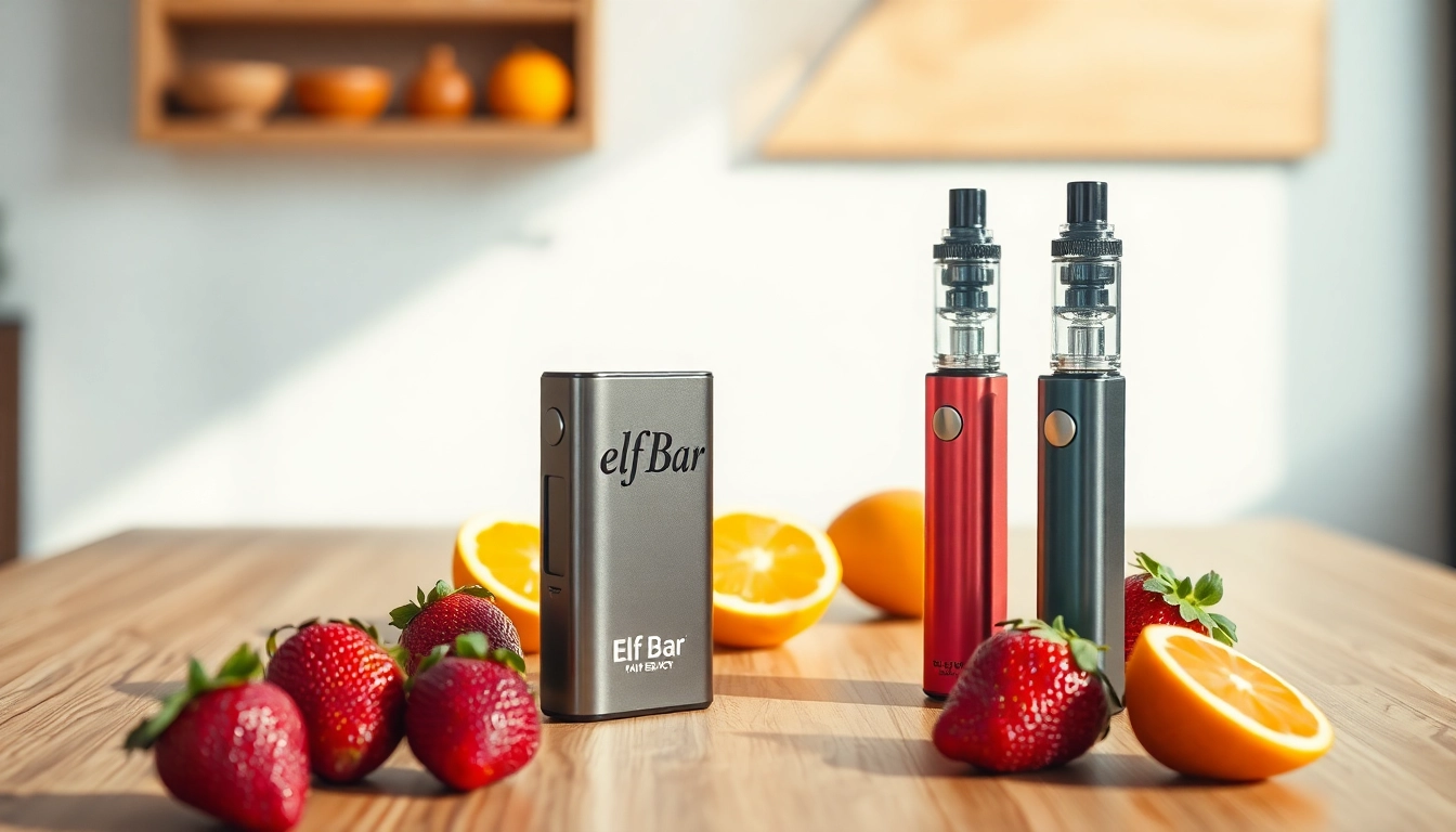 Showcasing vibrant Elf Bar vape devices with fruit flavors in a cozy setting.