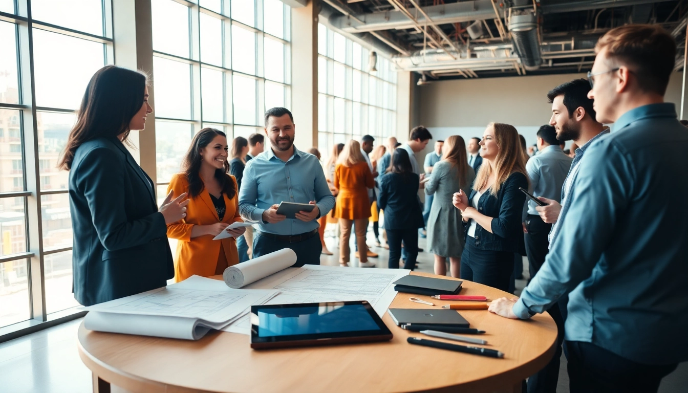 Engaging professionals at construction networking events discussing innovative projects in a bright venue.