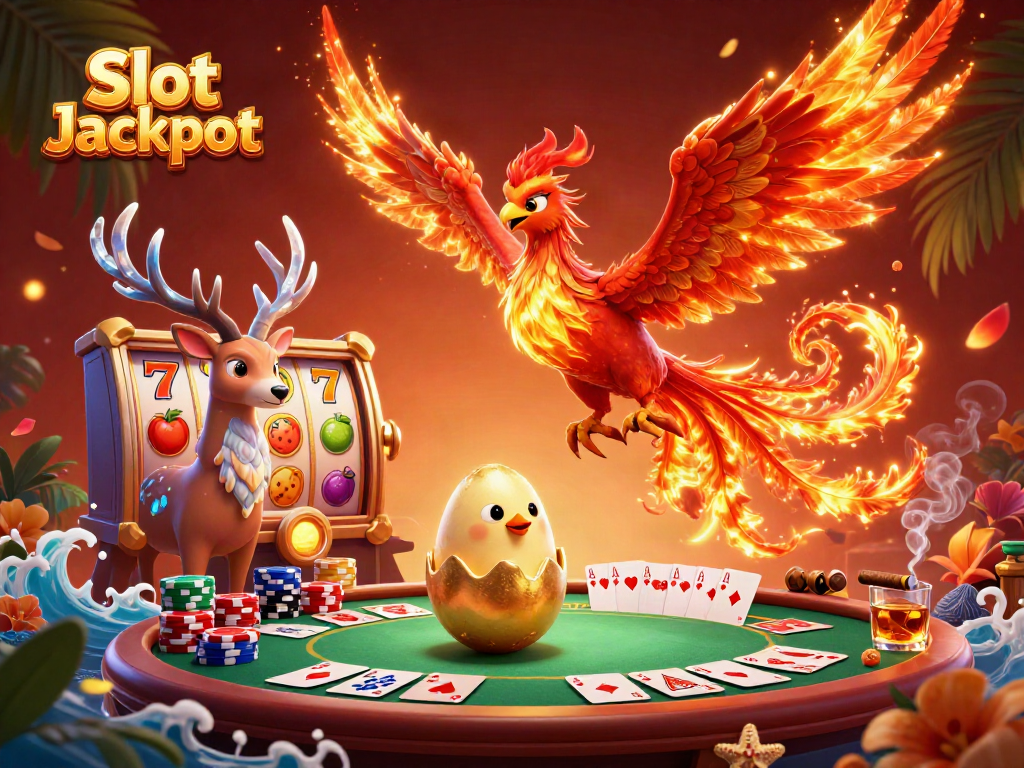 Slot Jackpot terinspirasi oleh ilustrasi 3D, menampilkan berbagai simbol permainan yang menarik dan karakter mencolok.