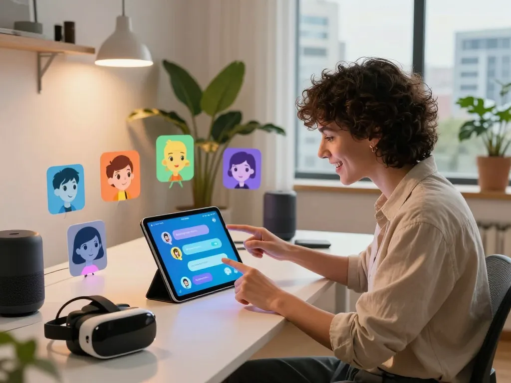 Engaging ai sex chat experience with a stylish user interacting with colorful AI avatars in a modern digital setup.
