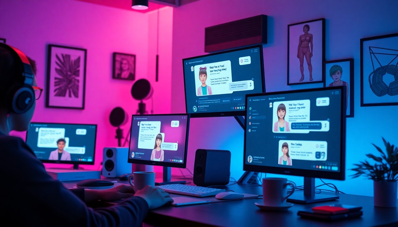 Engaging workspace featuring users interacting with NSFW character AI on high-tech screens.