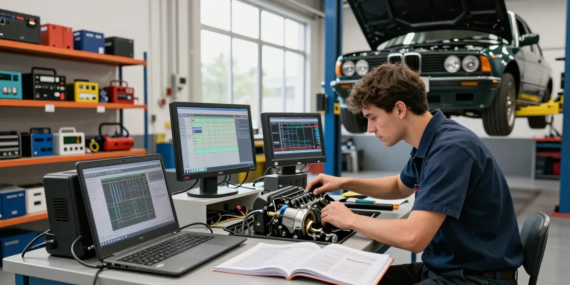 Chiptuning Hannover in einer professionellen KFZ-Werkstatt mit einem Techniker, der das ECU eines BMW optimiert.