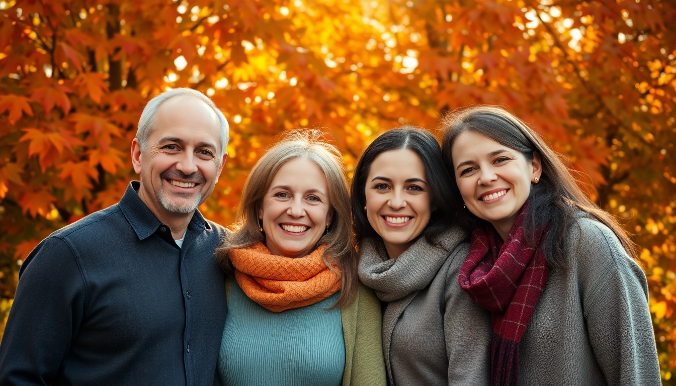 Family portrait by a photography company edmonton with autumn foliage and natural lighting.