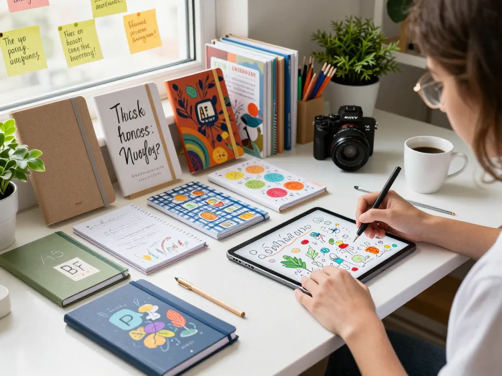 Designer creating custom notebooks with sketches at a vibrant workspace, showcasing various notebook sizes and artistic elements.