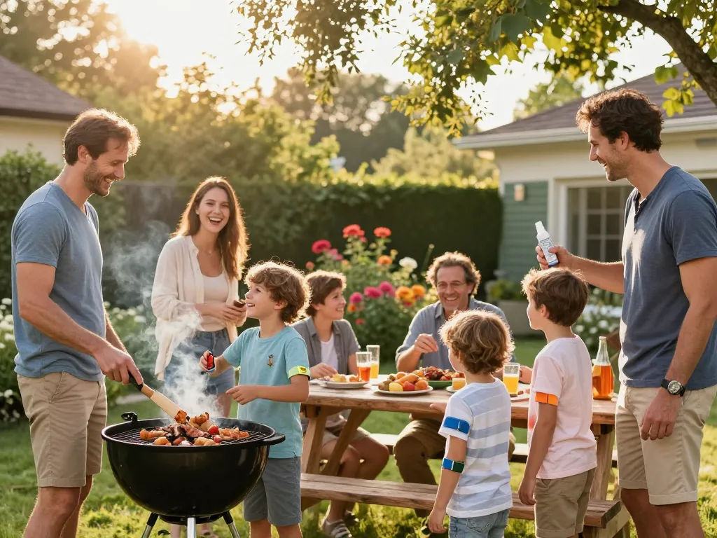 Family enjoying outdoor barbecue while using mosquito repellent for protection