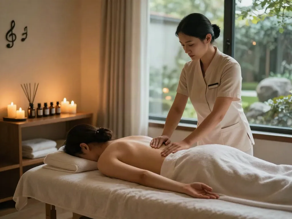 Relaxing 송도출장마사지 in a serene spa environment with ambient lighting and essential oils.