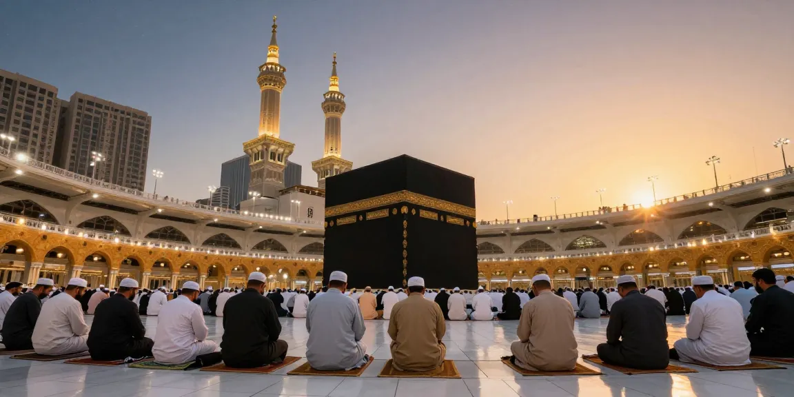 A vibrant scene showcasing umroh full ramadhan at the Kaaba, cultural tourism experience in Makkah, pilgrims engaged in sacred prayers.