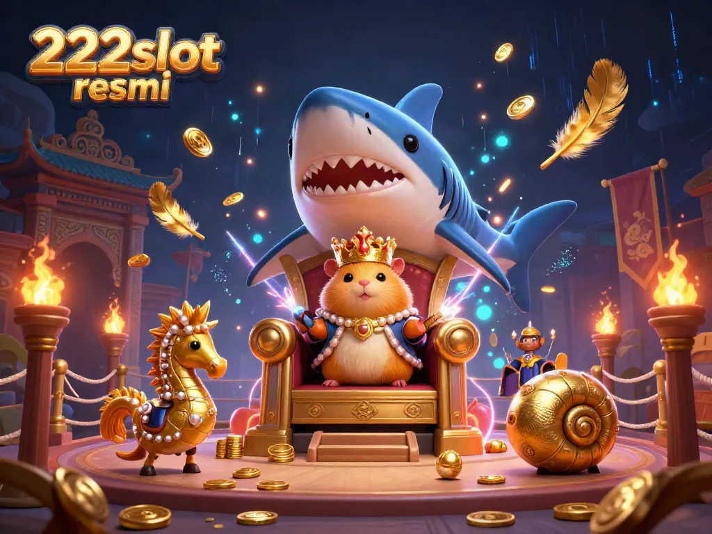 Menggenggam keberuntungan dengan bermain di 222slot resmi, raja hamster emas berkalung mahkota karang duduk di atas takhta gigi hiu megalodon.