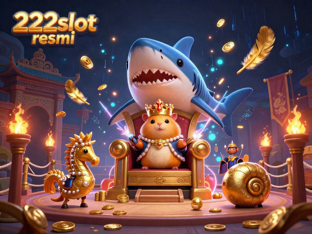 Menggenggam keberuntungan dengan bermain di 222slot resmi, raja hamster emas berkalung mahkota karang duduk di atas takhta gigi hiu megalodon.