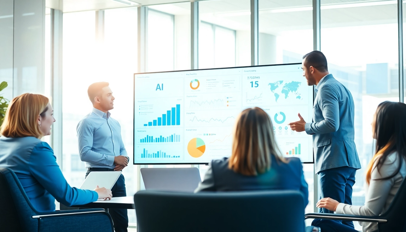 Analyze strategies for AI for competitor analysis with a diverse business team in a modern office.