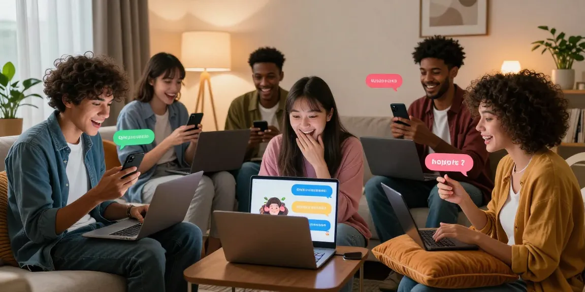 Friends enjoying spicy chat interactions with AI chatbots in a cozy living room.