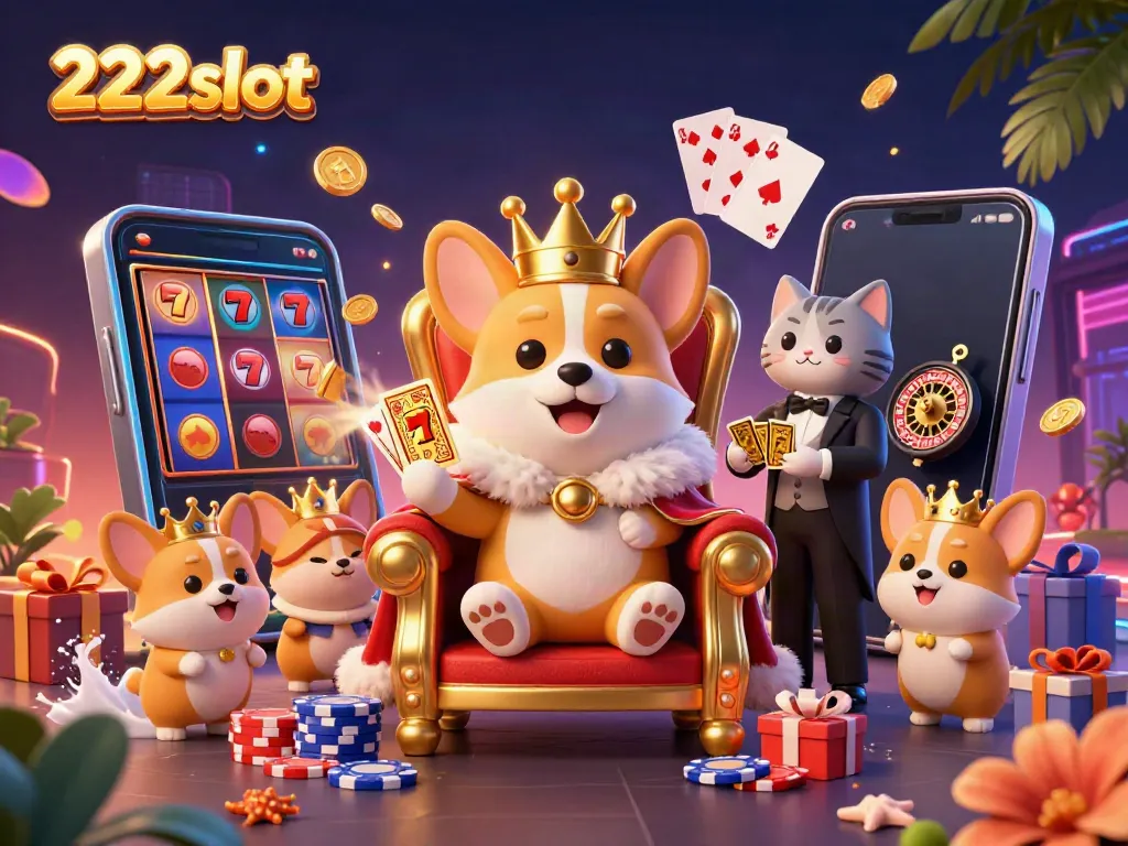 Memenangkan jackpot 222slot dengan corgi raja dan butler kucing, dikelilingi elemen kasino menarik.