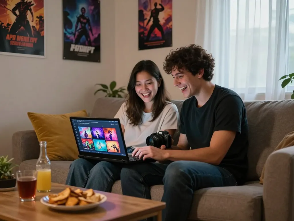 Couple enjoying porn games online together in a cozy living room setting.
