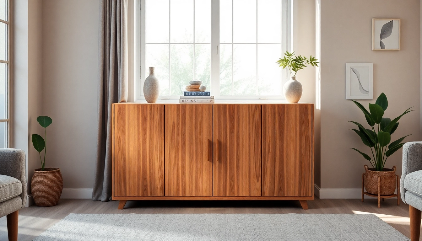 Stylish storage cabinet elegantly arranged in a contemporary living room.