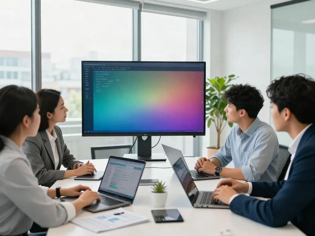 A collaborative team of diverse tax professionals discussing branded professional tax software in a bright conference room.