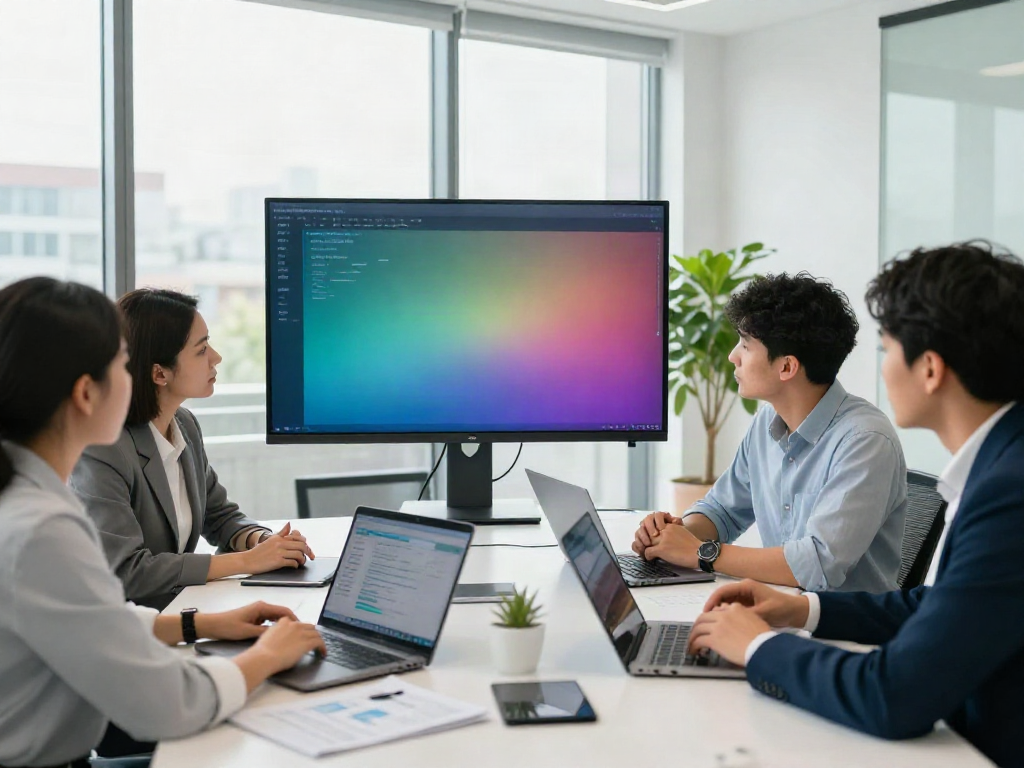 A collaborative team of diverse tax professionals discussing branded professional tax software in a bright conference room.