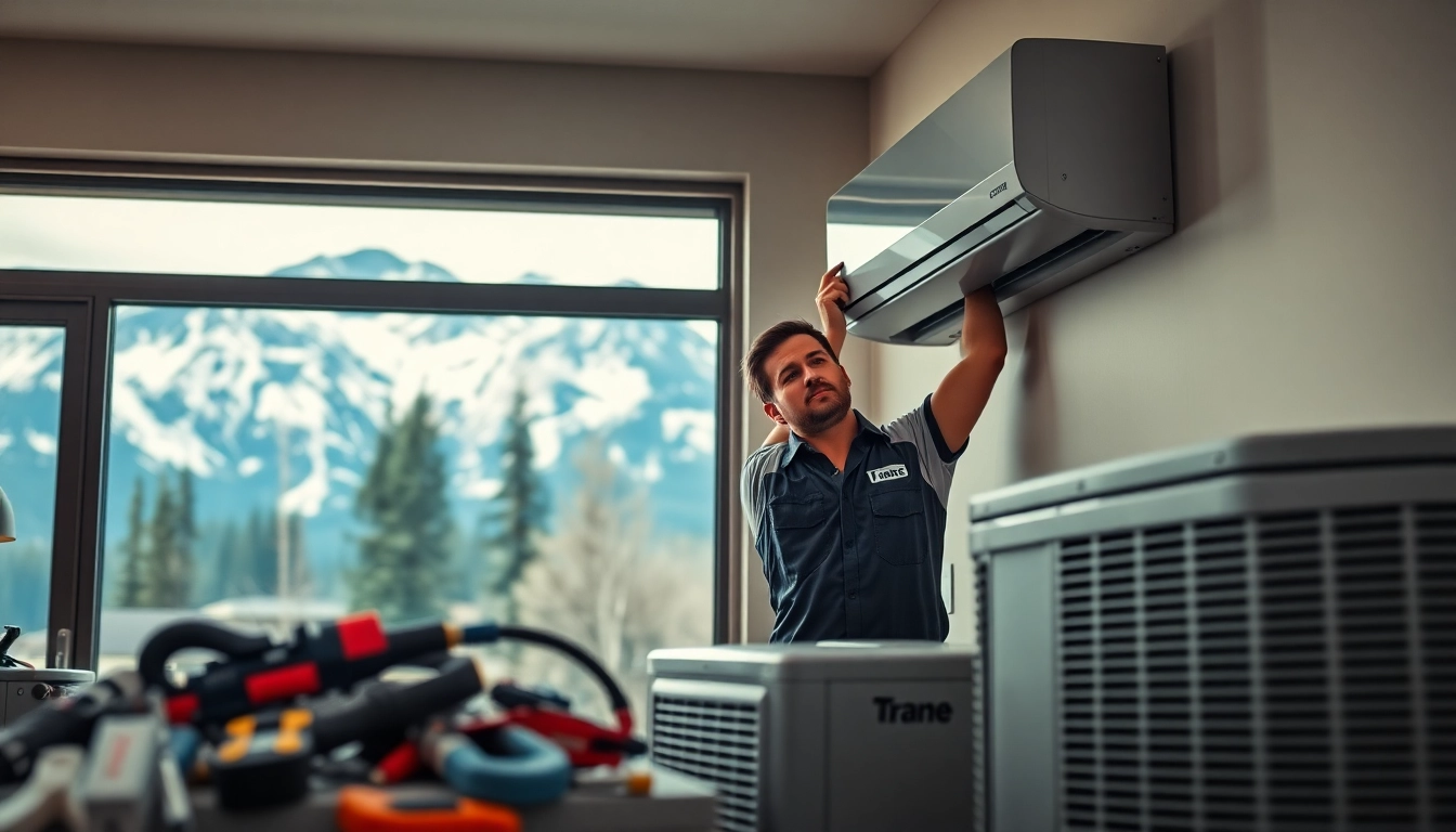 HVAC technician servicing a Trane Alberta unit in a home setting.