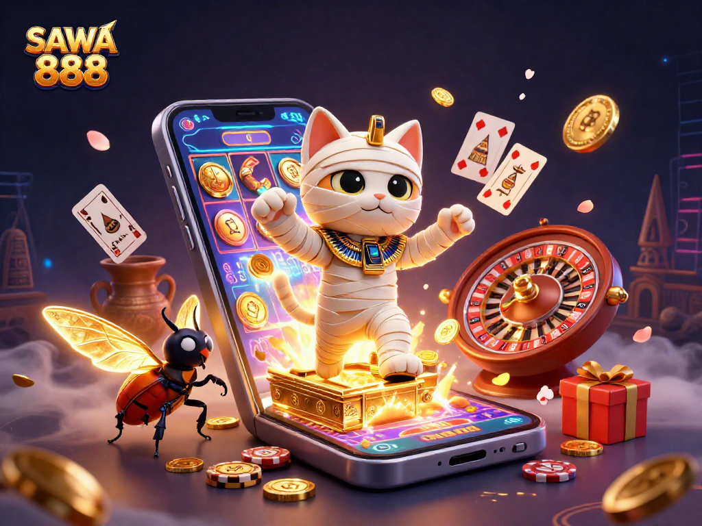 Experience SAWA 888 with an exciting scene featuring a mummy cat, a scarab beetle, and engaging slot games in a vibrant casino setting.
