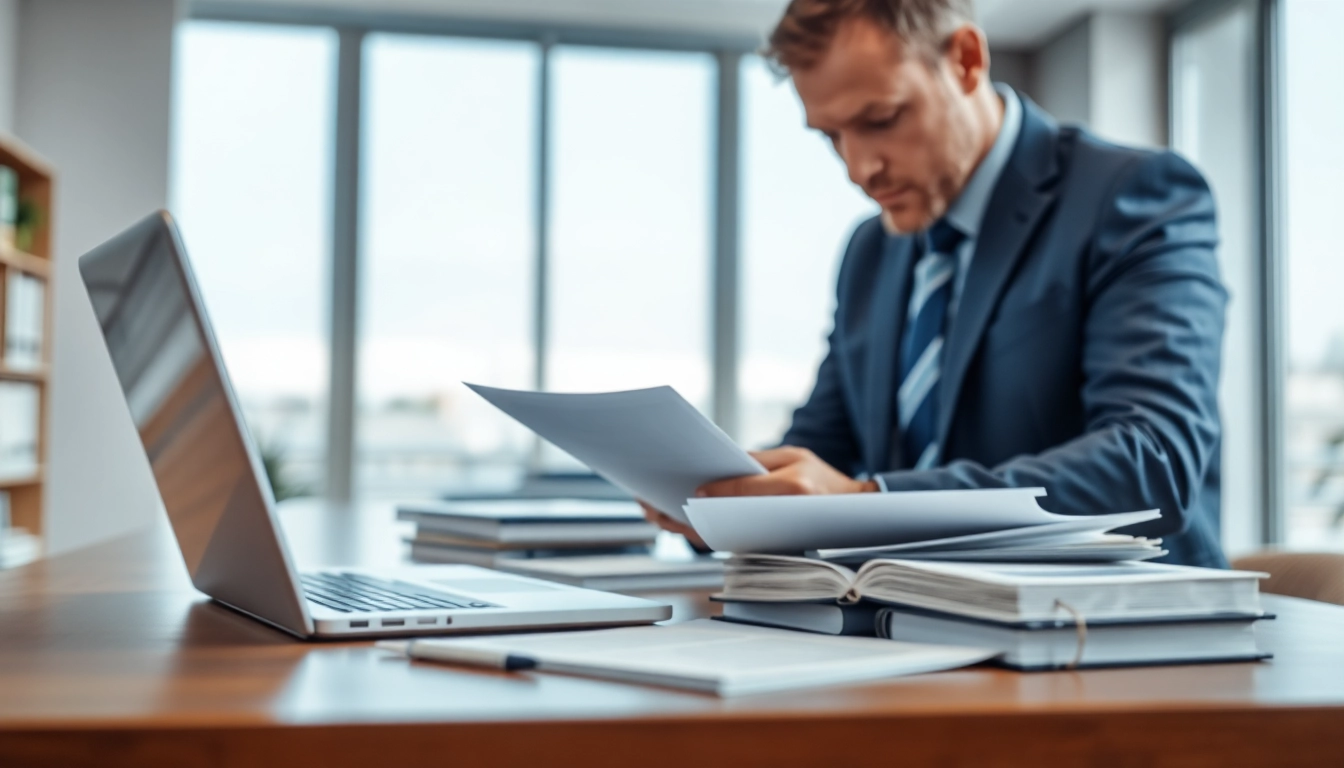 Truck accident attorney Clearwater examining legal documents in a bright office.