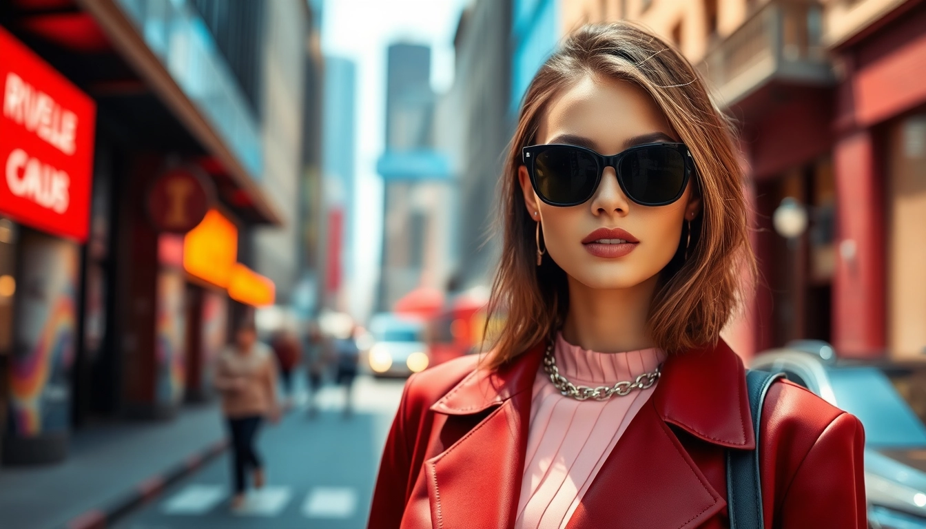 Rivelle model showcasing elegant urban fashion with vibrant city contrasts.