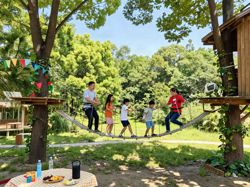Family playing on a rope bridge in a sunny backyard treehouse setting.